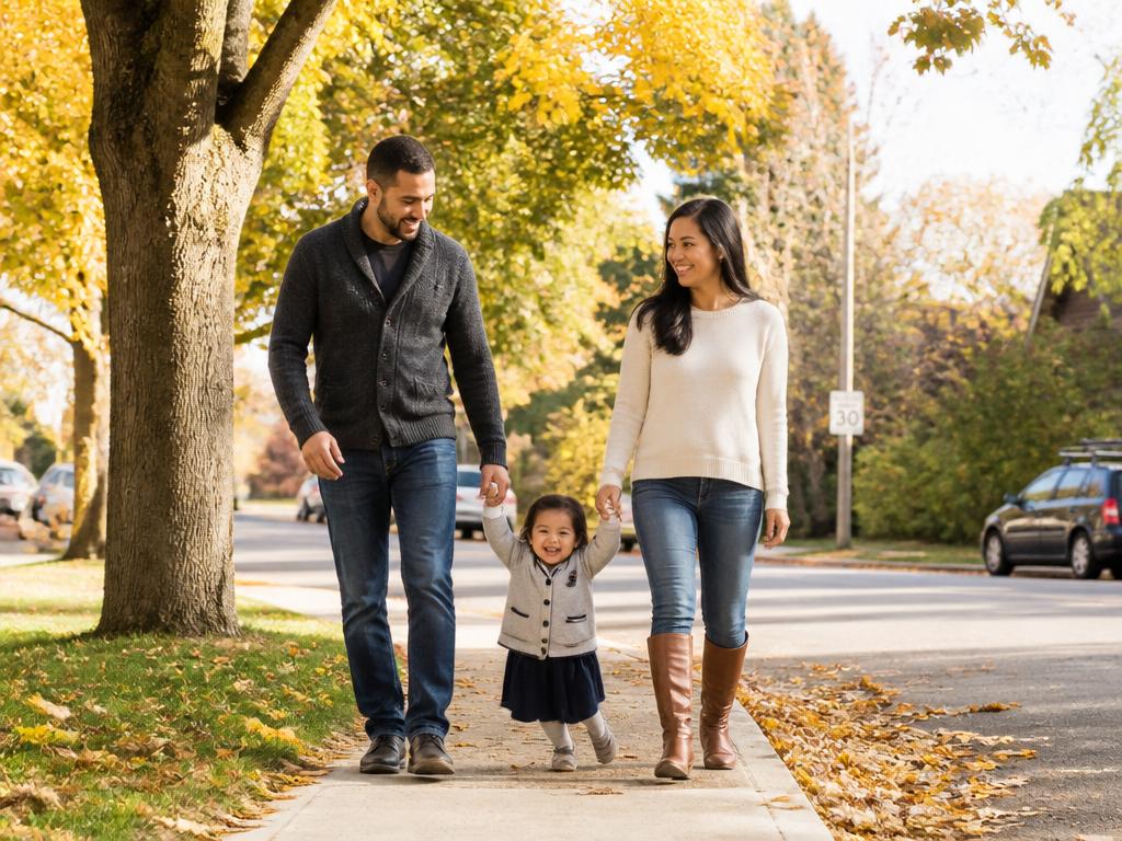 Famille dans un quartier résidentiel canadien